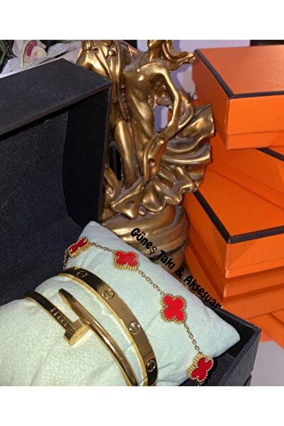GUNESTAKI Gold Kırmızı 3lü Bileklik,Kelepçe Seti Çelik Set
