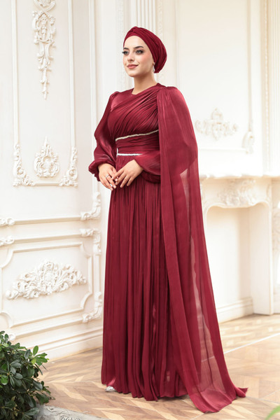 N.S NEVA STYLE - فستان سهرة محتشم باللون العنابي مع تفاصيل الكاب 53021BR