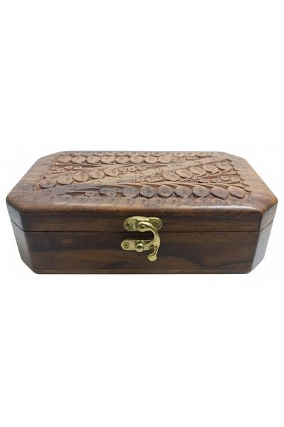 TSUMAB Handcrafted Wooden Jewelry Box with Leaf Carving and Brass Lock