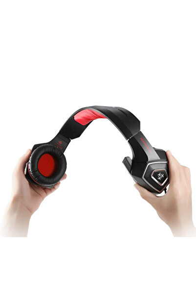 Hunterspider V1 Pro Gaming Headset - Super Deep Bass, 7-Color LED, Noise-Cancelling Mic, Black-Red
