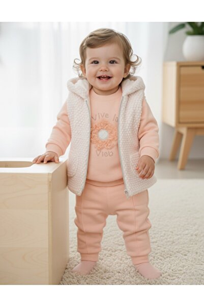voyyo kids baby Kız Bebek Kışlık 3 İp Şardonlu Kalın Yelekli 6-9-12-18 Aylık 3 Parça Alt Üst Takım