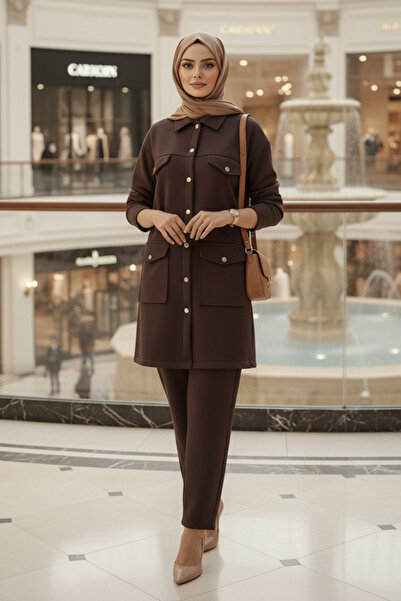 N.S NEVA STYLE Buttoned Brown Hijab Double Suit 13323Kh