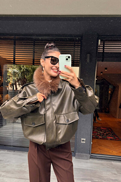 FABB Palton din piele cu guler kaki