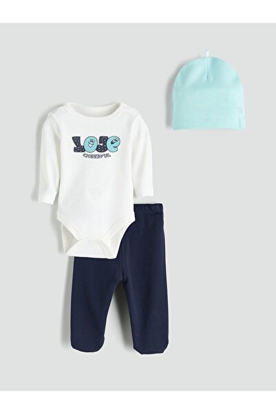 LC Waikiki Baby Boy Snap-On Bodysuit and Pants Beanie 3-Piece Set
