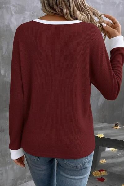 Mossta V-Neck Waffle Fabric Stylish Blouse - Tile