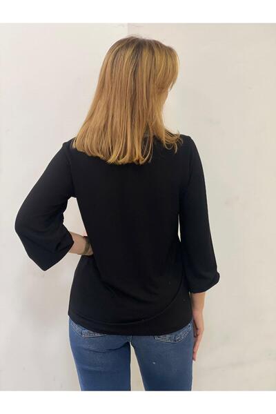 EtkiModa Women's Black V-Neck Viscose Blouse with Glitter Detail on Neck and Sleeves