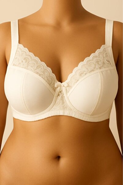 enmodaiçgiyim Ecru Plus Size C Cup Underwire Lace Gathering Bra – Full Cup, High Support, Wide Strap