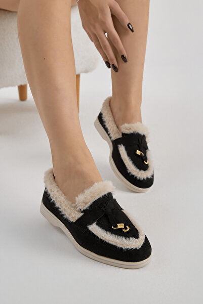 Tonny Black Women's Black and White Thermo Sole Fur Detailed Suede Look Buckle Casual Loafer Shoes