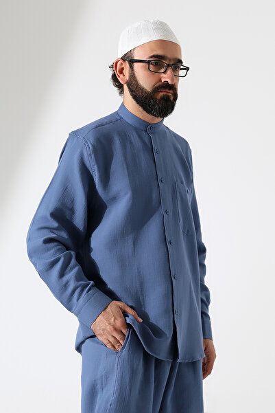 ihvan online Мъжка муселинова риза с дълги ръкави и яка, облекло за хадж и умра - синя (ANS)
