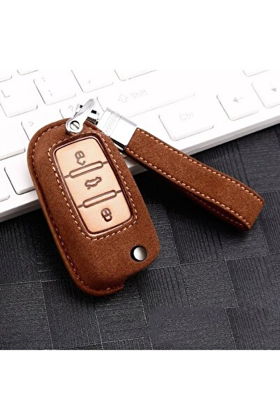 OEM Brown Alcantara leather case with keyring for knife-type VW/Skoda/Seat key