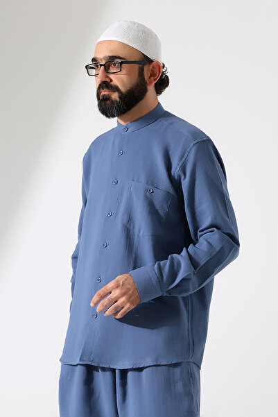 ihvan online Мъжка муселинова риза с дълги ръкави и яка, облекло за хадж и умра - синя (ANS)