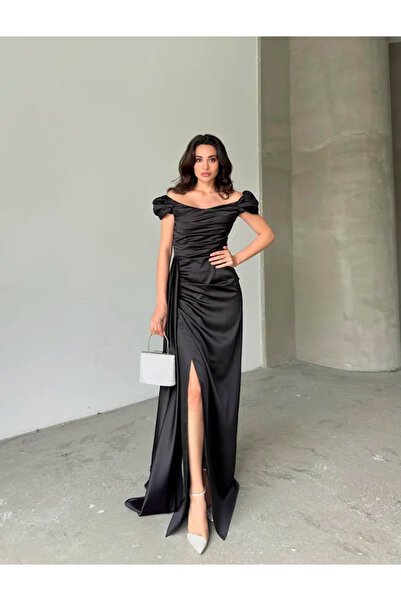 Larenmoda Saten Yırtmaçlı Balon Kol Abiye