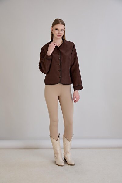 Sortie Women's Crew Neck Buttoned Padded Seasonal Brown Quilted Coat