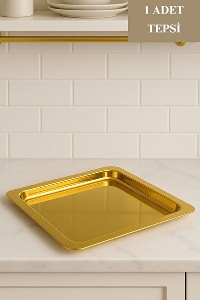 isra kristal Paslanmaz Çelik Kare Gold Kahve Sunum ve Servis Tepsisi – Lüks D...