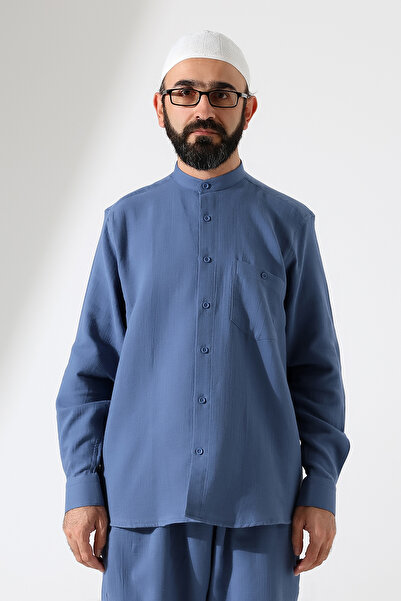ihvan online Мъжка муселинова риза с дълги ръкави и яка, облекло за хадж и умра - синя (ANS)