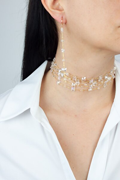 Liveyn Design Crystal Stone Gold Necklace Earring Bracelet Set