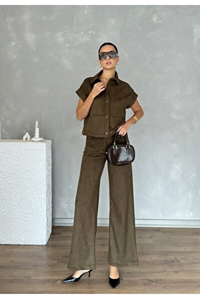 Nesil Women's Suede Suit with Vest and Pants