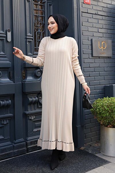 N.S NEVA STYLE Beige Mercerized Knitwear Hijab Dress 6745Bej