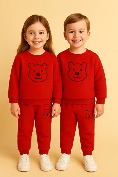 DUBAİ ÇOCUK Kız ve Erkek Çocuk Ayıcık Nakışlı Eşofman Takımı - Peluş Takım (1-6 YAŞ)
