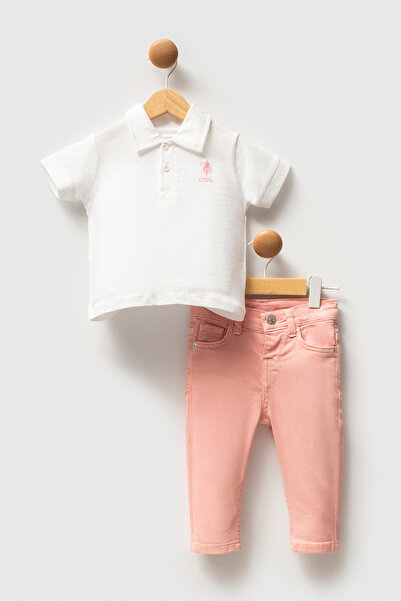 U.S. Polo Assn. Baby Girl White 100% Cotton Polo Neck T-Shirt Jean Pants Set 2 Pieces 50322911-Vr013