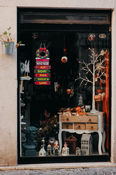 DURUSA Yeni Yıl , Mutlu Yıllar Dekoru , Ahşap MDF , Duvar & Vitrin Süsü , 45x20 cm , Yılbaşı Aksesuarı