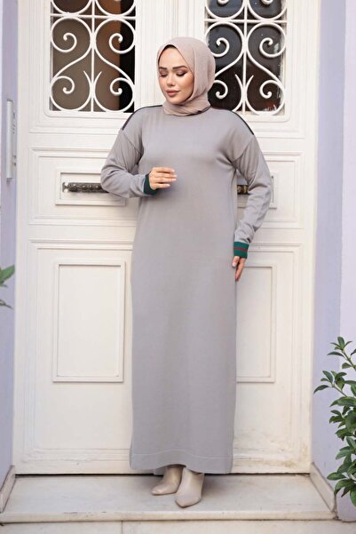 N.S NEVA STYLE Gray Mercerized Knitwear Hijab Dress 36291Gr