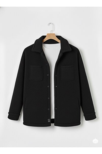 Minharir Unisex Plush Shirt Jacket – Pocket Detailed, Winter, Oversized