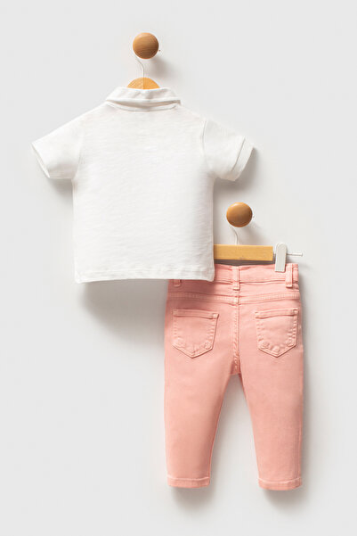 U.S. Polo Assn. Baby Girl White 100% Cotton Polo Neck T-Shirt Jean Pants Set 2 Pieces 50322911-Vr013