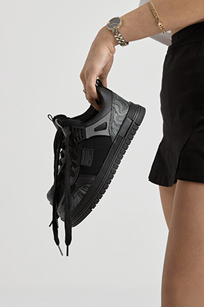 Tonny Black Unisex Black Thermo Sole Patterned Mesh Lace-Up Sports Shoes