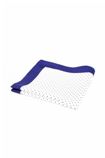 6AM Ceremony White pocket square with black polka dots and deep blue border
