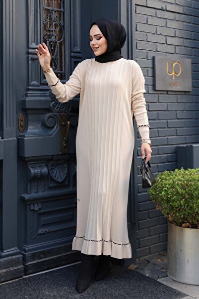 N.S NEVA STYLE Beige Mercerized Knitwear Hijab Dress 6745Bej
