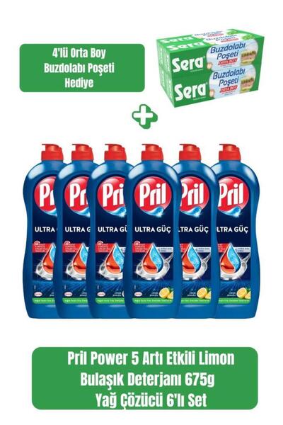 Pril Power 5 Limon Etkili Sıvı Bulaşık Deterjanı 675 g x 6’lı Set + Sera Buzd...