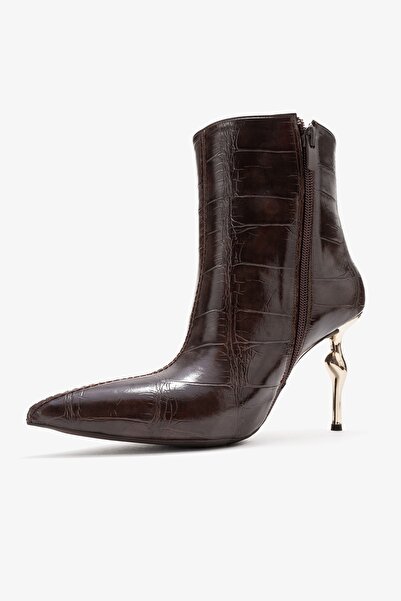 LuviShoes Γυναικείες μπότες με τακούνι CRISTA Brown Print με μυτερή μύτη