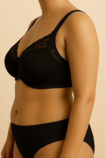 enmodaiçgiyim Black Plus Size C Cup Underwire Lace Push up Bra – Full Cup, High Support, Wide Strap