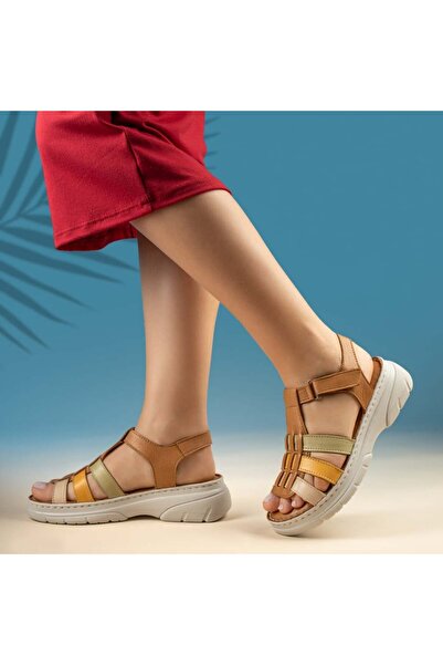 Modlet.ro Women's brown platform sandals with strap in genuine leather MOD13628