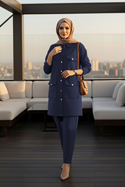 N.S NEVA STYLE Buttoned Navy Blue Hijab Double Suit 13323L