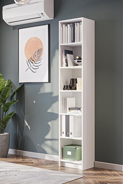 Hofga Bili Kitaplık 5 Raflı Dar Çok Amaçlı Ofis Salon Kitap Dosya Rafı Yükseklik Ayarlanabilir Raflı Beyaz