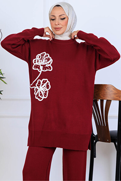 benguen Embroidery Detailed Knitwear Set S1120 Burgundy