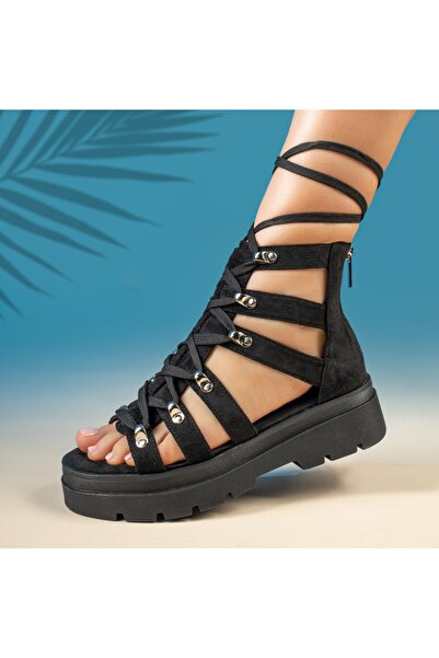 BMoD Sandale negre pentru femei din piele întoarsă cu platformă și fermoar MO...