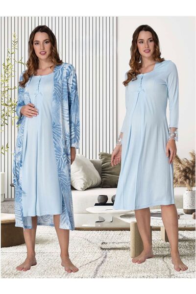 Lohusa Homewear طقم ملابس نوم للحوامل من القطن بأكمام طويلة ونقشة زرقاء للنساء الحوامل مكون من قطعتين