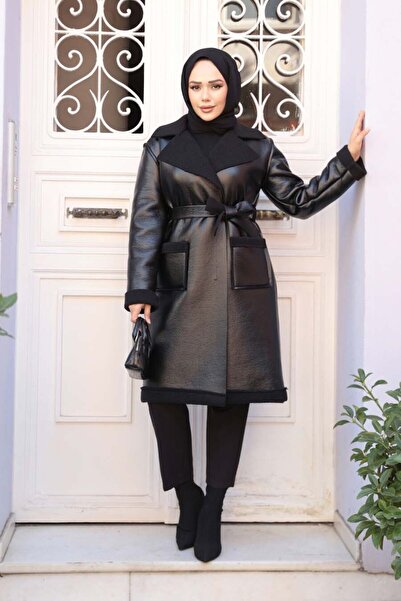 N.S NEVA STYLE Μαύρο Μαντίλι Μουσουλμανικό Παλτό με Λεπτομέρεια Γούνας 62391S