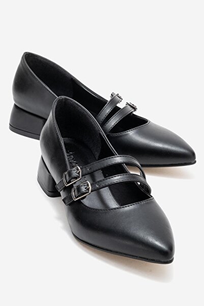 CCWAY AYAKKABI Women's 2-Strap Heeled Shoes; Black Leather