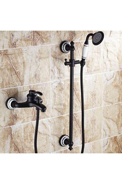 Trendy's Μπαταρία Μπάνιου TRENDY S – Επιτοίχια, Σετ Ντους με Μπάρα, Ματ Μαύρο με Κεραμικό Κέντημα