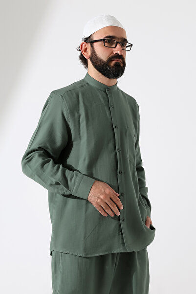 ihvan online Мъжка муселинова риза с дълги ръкави и яка, облекло за хадж и умра - зелена (ANS)