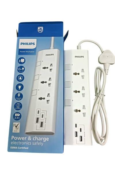 Philips Power Extension Cord with USB Ports –Universal 3-Way Power Strip, 1.5m Extension Cable-White