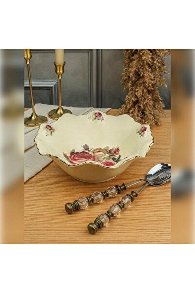 ROY KING Salad Serving Plate Cream Gold Round Deep Rose Pattern Rose 26X9Cm