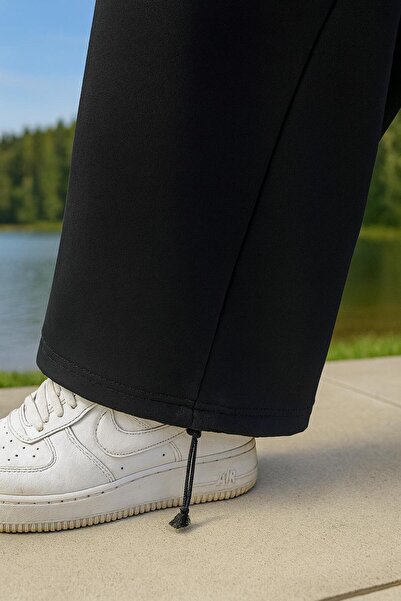 Lio20 Ανδρικό μαύρο φούτερ με φαρδύ πόδι από κομπακτό ύφασμα με κορδόνι - Άνετο και άνετο - Μέγεθος M-3XL