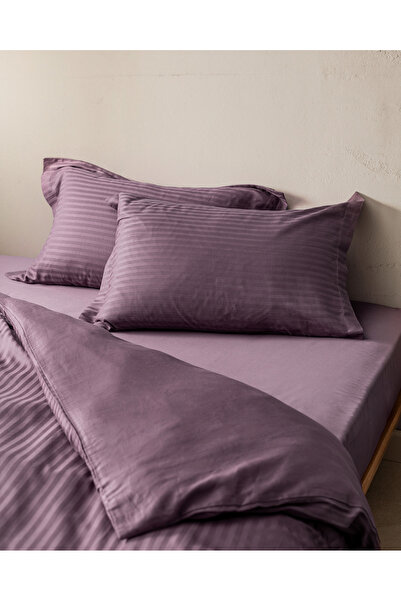 Madame Coco Elicia King Size %100 Pamuk Çizgili Saten Nevresim Takımı - Mürdüm
