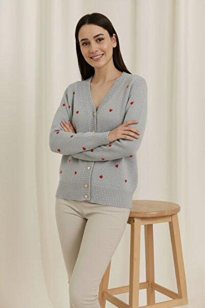 hayal giyim Heart Embroidered Buttoned V-Neck Knit Cardigan - Gray