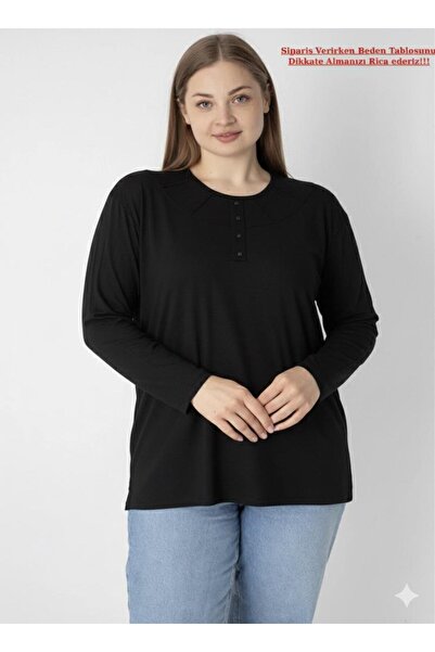 Orly More Viscose Fabric Mini Slit Plus Size Long Sleeve Mother Combed Cotton Blouse with Collar and Button Detail